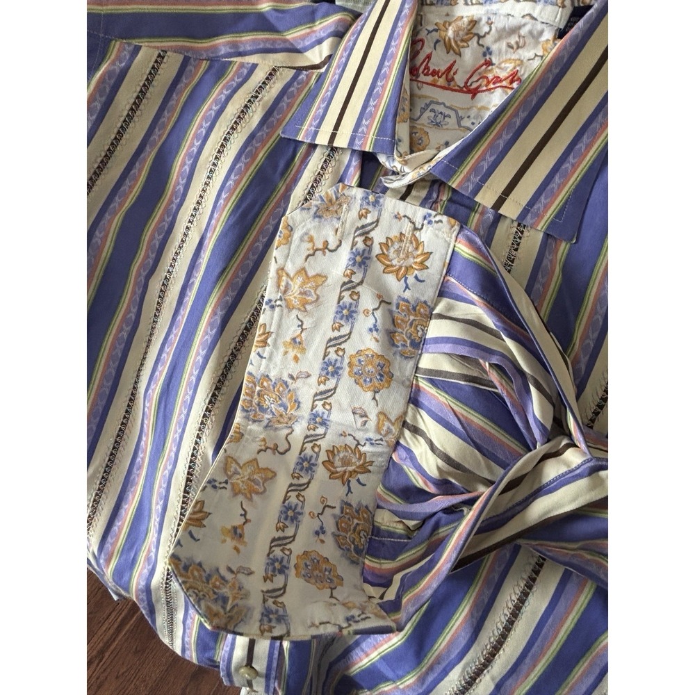 Robert Graham Geometric Shirt Men's M Striped Flip Cuffs Embroidered - Picture 5 of 10